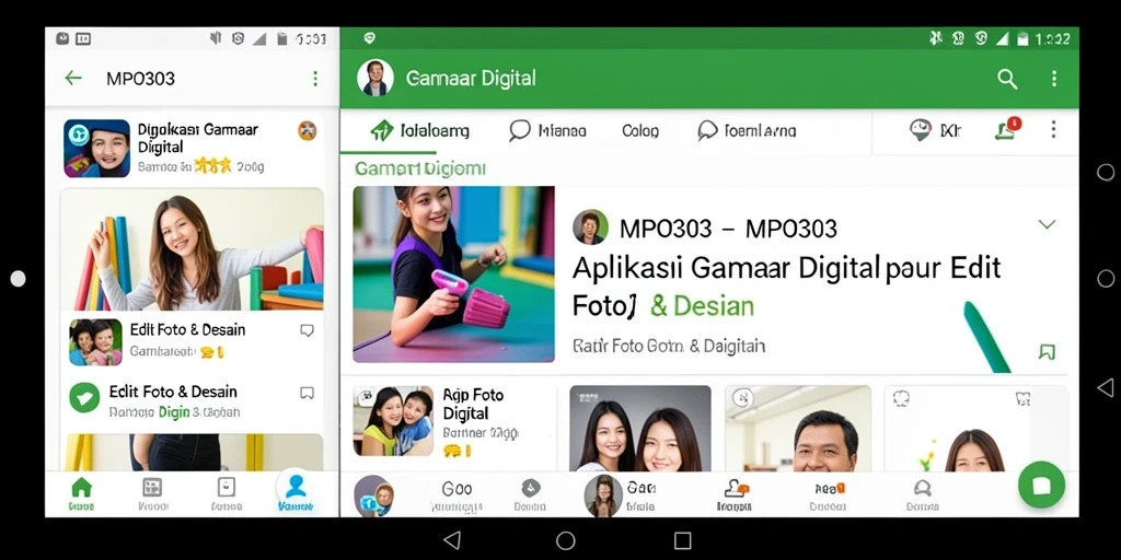 Antarmuka MPO303 menampilkan berbagai fitur edit foto dan desain yang menarik.