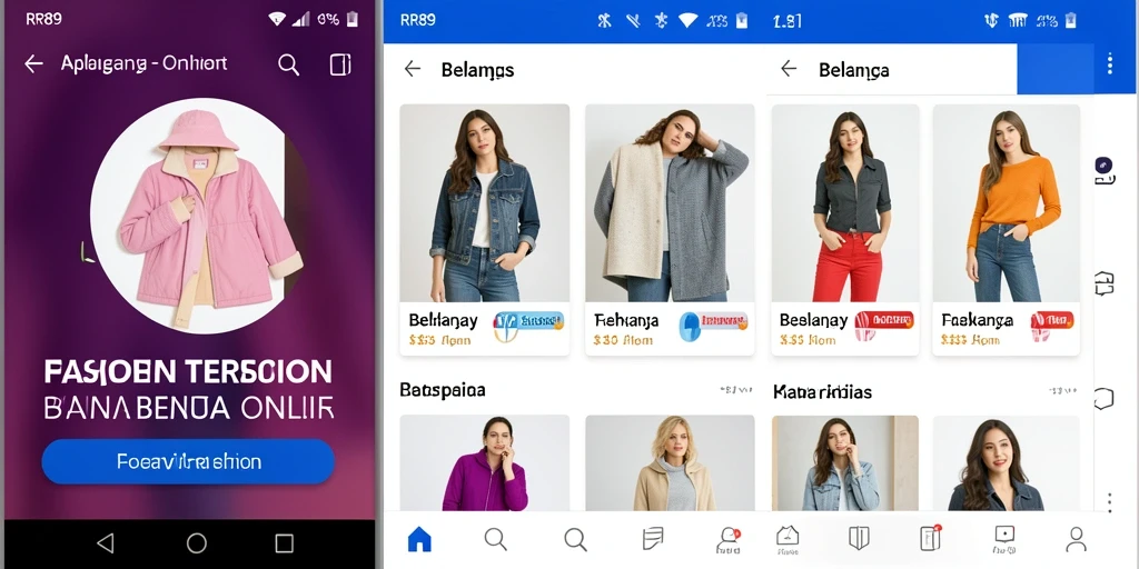 Antarmuka aplikasi RR89 yang modern dan menarik untuk belanja fashion.