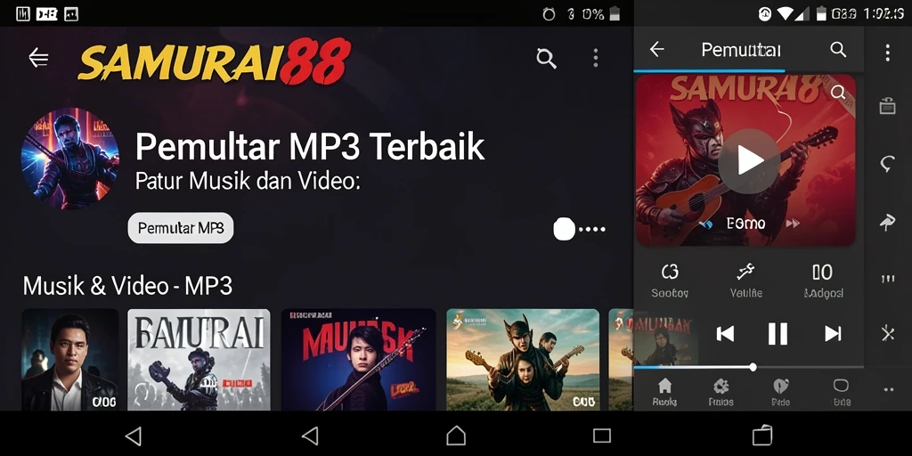 Antarmuka pengguna SAMURAI88 untuk Pemutar MP3 yang stylish dan user-friendly.