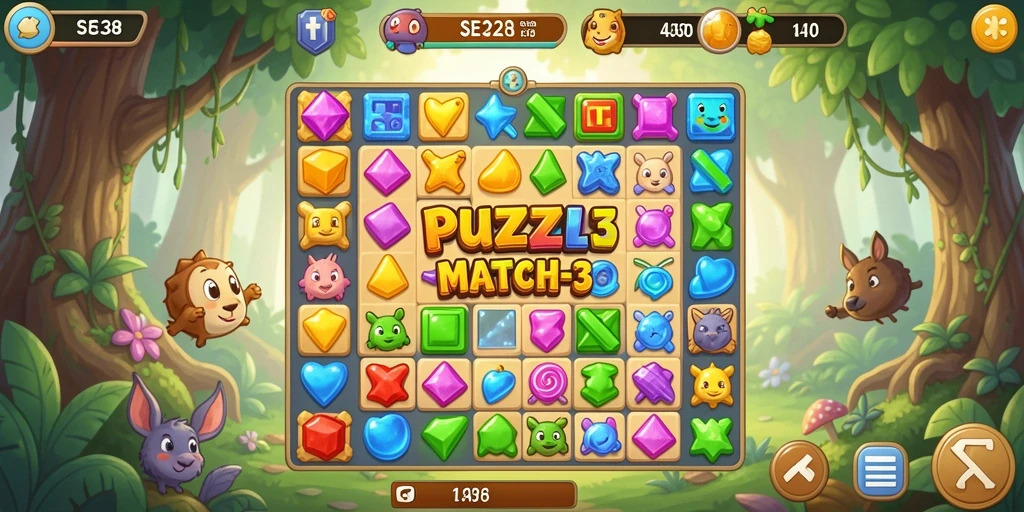 Tampilan antarmuka SE328 dengan berbagai tile Puzzle Match-3 yang berwarna-warni.